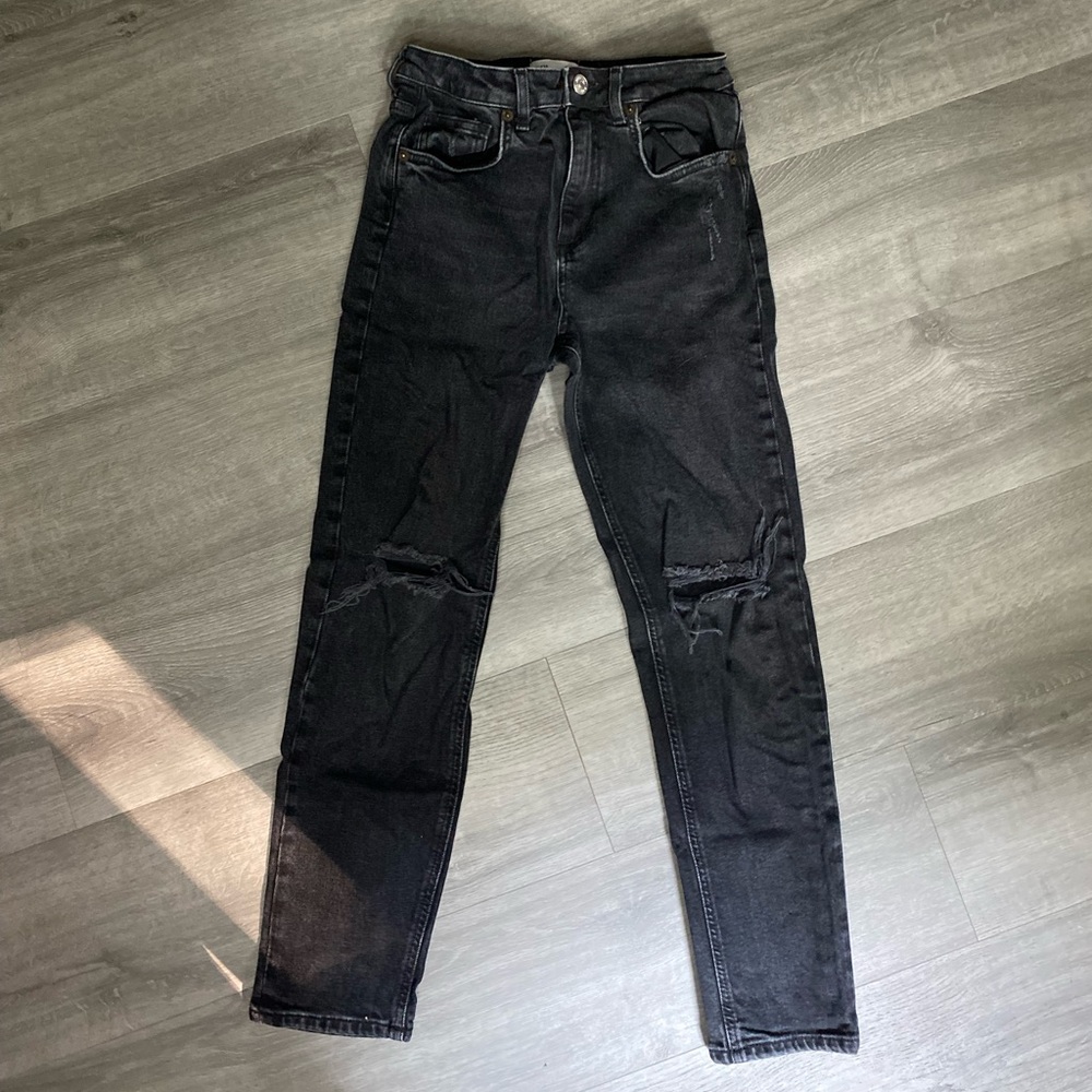 Zara High Rise Distressed Straight Leg Jeans